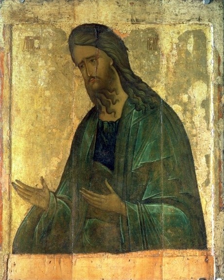 Andrei Rublev, Icon of St. John the Baptist (tempera on panel) (Ikone, 14. Jahrhundert, Johannes der Täufer, Detail,  Klassiker, russisch, Ikonenmalerei, Schlafzimmer, Wohnzimmer,  Wunschgröße, gold/bunt)