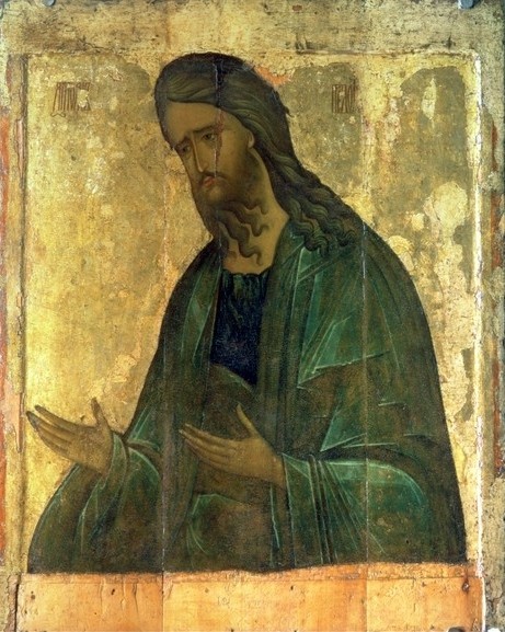 Andrei Rublev, Icon of St. John the Baptist (tempera on panel) (Ikone, 14. Jahrhundert, Johannes der Täufer, Detail,  Klassiker, russisch, Ikonenmalerei, Schlafzimmer, Wohnzimmer,  Wunschgröße, gold/bunt)