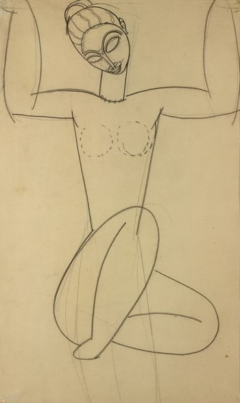 Amedeo Modigliani, Seated Caryatid, c.1911 (charcoal on paper) (Akt, Aktzeichnung, Karyatide, Kanephore, Frau, Studie, Expressionismus, klassische Moderne, Zeichnung, Wohnzimmer,  Schlafzimmer, Wunschgröße, schwarz/weiß)