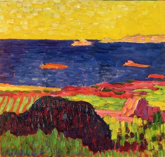 Alexej von Jawlensky, The Coast near Carantec. 1905-06 (oil on card) (Klassische Moderne,  Expressionismus, Landschaft, Küste, Meer, Horizont, Malerei, Wohnzimmer, Treppenhaus, Wunschgröße, bunt)