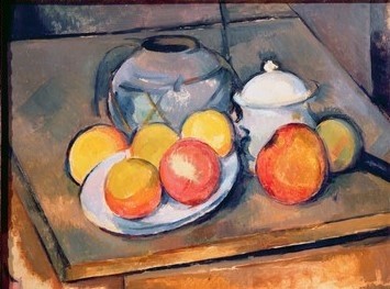 Paul Cézanne, Straw-covered vase, sugar bowl and apples, 1890-93 (oil on canvas) (also see 393804)