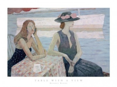George Xiong, Table with a view (People & Eros, Frauen, Sommer, Freizeit, relaxen, Aussicht, Urlaub, modern, zeitgenössisch, Wohnzimmer, Treppenhaus, bunt)