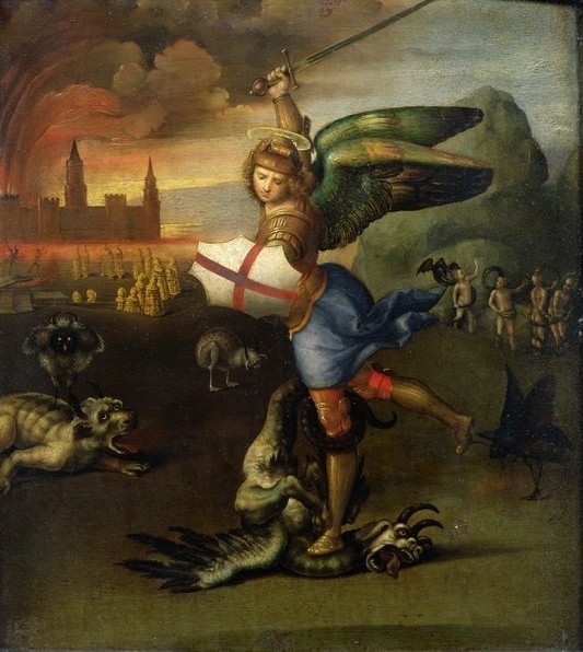 Raphael, St. Michael, c.1503-05 (oil on panel) (see also 15971) (Erzengel, Michael, Luzifer, Sturz, Höllensturz, Sieg, Renaissance, Malerei, Klassiker, Wunschgröße, Wohnzimmer, bunt)