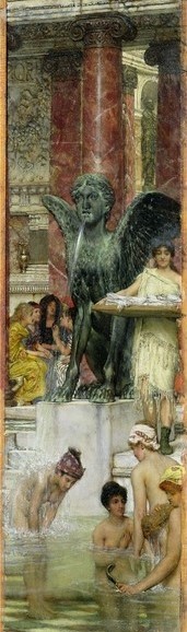 Lawrence Alma-Tadema, In the Roman Baths, or Roman Women In The Bath, 1876 (oil on panel) (Bad, römisches Bad, Badende, Therme, Körperpflege, nackte Frauen, antikisierend, romantisierend,  Akademischer Realismus, Idylle, Malerei, Wunschgröße, Wohnzimmer, Badezimmer, bunt)
