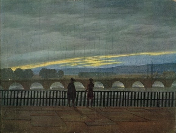 Caspar David Friedrich, August Bridge in Dresden (colour litho) (Brücke, Konstruktion, Fluss, Elbe, Architektur,  Dresen, Städte, Spaziergänger, Himmel, Wolken, Romantik, Malerei, Klassiker, Wohnzimmer, Wunschgröße, bunt)