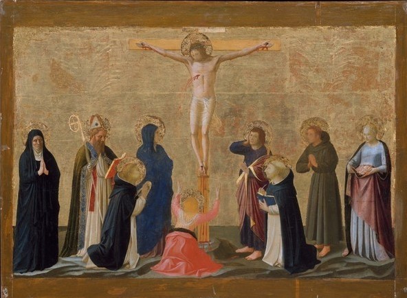 Fra Angelico, The Crucifixion, c.1440 (tempera to canvas laid on wood) (Kreuzigung, Tod, Jesus, Berg Golgatha, Trauernde, Altarbild, Wunschgröße,  Wohnzimmer, religiös, christlich, Frührenaissance, Wunschgröße, bunt)