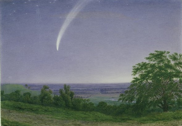 JOSEPH MALLORD WILLIAM TURNER, Donati's Comet, Oxford, 7.30pm, 5th October 1858 (w/c & bodycolour over graphite on paper) (Landschaft, Landschaftsmalerei, Panorama, Sternenhimmel,Komet, Kometenschweif, Oxford, England,  Romantik, Klassiker,  Klassische Malerei, Büro, Wohnzimmer, Wunschgröße, bunt)