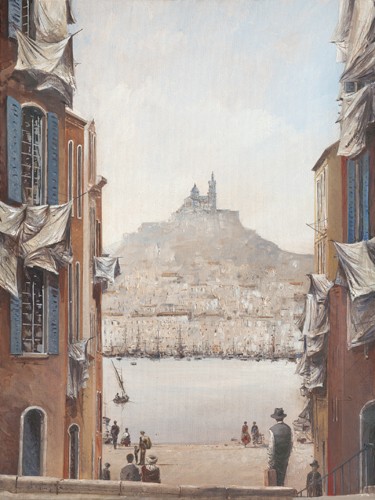 Yann Letestu, Descente vers le vieux port (Wunschgröße, Malerei, modern, Hafenstadt, Ausblick, Architektur, Häuser, Fassaden, Wäscheleinen, mediterran, Treppenhaus, Schlafzimmer, bunt)