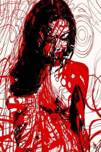 Yannick Vinet, Julietta (People & Eros, Frau, nackt, Aktbilder, Erotik, Muster, Linien, abstrakt, modern, Wohnzimmer, Wunschgröße, schwarz/weiß/rot)