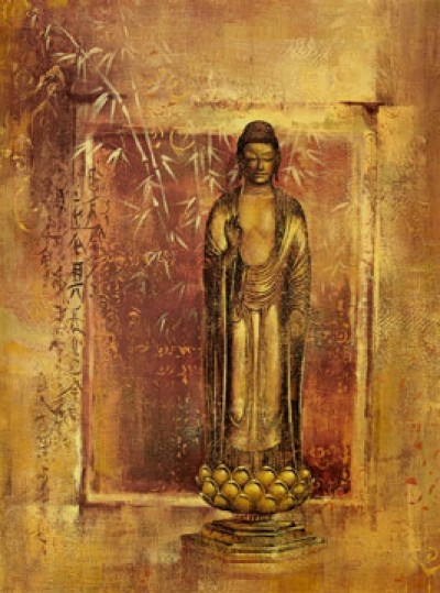 Ying-Wu Wei, Contemplation I (Buddha, Asien, Figur, Bambusblätter, Religion, Glaube, Kontemplativ,  Wohnzimmer, Schlafzimmer, Treppenhaus, rot/gold)