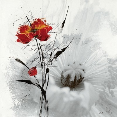 Isabelle Zacher-Finet, Petite aventure fleurie I (Mohnblume, Blüten, Blumen, Kaligrafie, Modern, dekorativ, zeitgenössisch, Wohnzimmer Treppenhaus, rot/weiß)