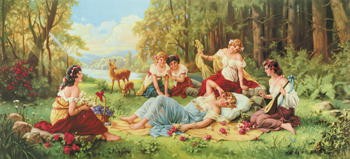 Zabateri, EARLY MORNING SONG (Allegorie, Erwachen, junge Mädchen, Lanschaft, Wald, Sommer,Idylle, romantisch,  Schlafzimmerbild, Wohnzimmer, Schlafzimmer, bunt)