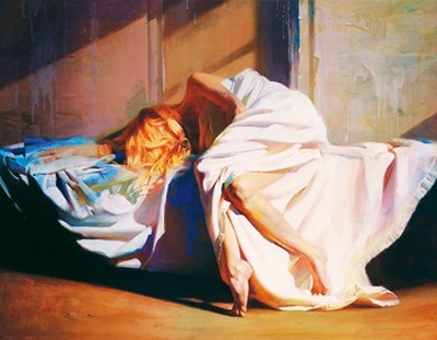 Zhaoming Wu, Dancing with Illumination (Akt, Aktmalerei, Liegende, Blondine, Bett, Bettwäsche, Interieur, Zimmer, Frau, Figurativ, Modern, Zeitgenössisch, People & Eros,  Erotik, Wunschgröße, Schlafzimmer, Wohnzimmer)