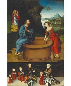 LUCAS CRANACH Der Ältere, Christus und die Samariterin am Brunnen. Unten: Familienbild des Stifters.