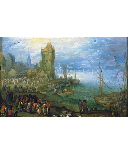 JAN BRUEGHEL DER ÄLTERE, Fischmarkt am Meeresstrand.