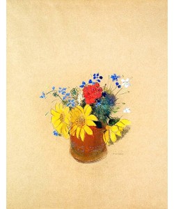 Odilon Redon, Blumenstillen aus Sonnenblumen und Geranien in einer braunen Vase.