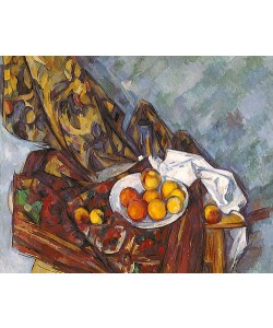 Paul Cézanne, Stilleben mit Früchten vor einem blumengemusterten Vorhang (Nature morte, rideau à fleurs, et fruits). 1904-06