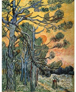 Vincent van Gogh, Kiefern mit untergehender Sonne und weiblicher Figur. 1889