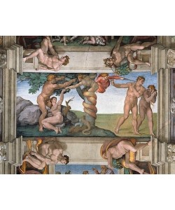 MICHELANGELO BUONARROTI, Sündenfall und Vertreibung aus dem Paradies.  Deckengemälde in der Sixtinischen Kapelle