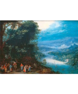 JAN BRUEGHEL DER ÄLTERE, Waldige Flusslandschaft mit Fahrweg. Um 1602