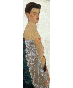 Egon Schiele, Aktselbstbildnis mit ornamentierter Drapierung. 1909.