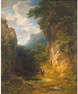 Carl Spitzweg, Bergschlucht mit badenden Frauen.