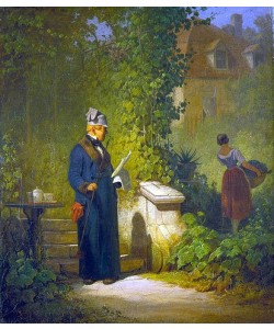 Carl Spitzweg, Zeitungsleser im Garten (oder: Politikus im Gärtchen beim Kaffee). Ende 1840er Jahre