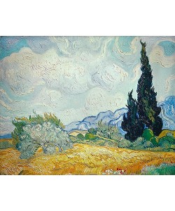 Vincent van Gogh, Weizenfeld mit Zypressen und blühendem Baum. 1889