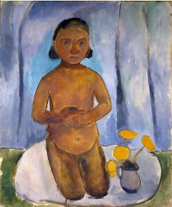 Paula Modersohn-Becker, Kniendes Kind vor blauem Vorhang. 1907.