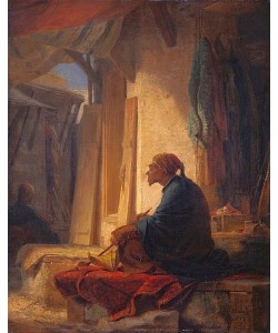 Carl Spitzweg, Türke, im Basar auf einer mit Teppich belegten Ruhebank sitzend. 1853