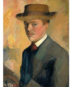 August Macke, Selbstbildnis mit Hut. 1909 (Rückseitig männl. Portraitstudie).
