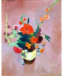 August Macke, Strauss mit Gladiolen auf rosa Grund. 1914.