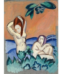 August Macke, Nackte Mädchen auf Blumenwiese. 1912.