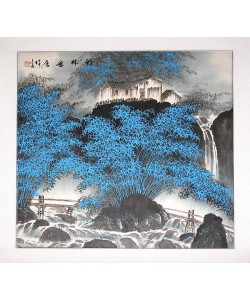 Gu Jian Liang China Holzbrücke und blaue Blumen (Tusche)