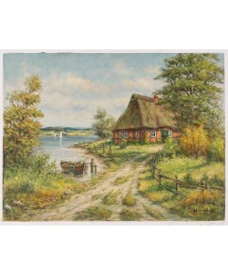 Hahn Willi Reetdachhaus und Boot (Öl auf Leinwand)