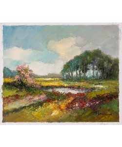 Lenaers Jef Blumenwiese mit Waldstück und See (Öl auf Leinwand)