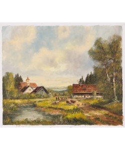 Frühmesser Josef Schäfer vor dem Dorf (Öl auf Leinwand)