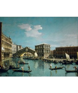 Canaletto (Giovanni Antonio Canal), Die Rialtobrücke in Venedig mit Gondolieren im Vordergrund. Um 1720.