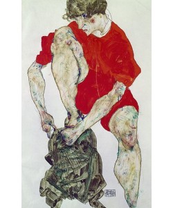 Egon Schiele, Weibliches Modell in feuerroter Jacke und Hose. 1914