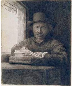 Rembrandt van Rijn, Selbstbildnis zeichnend am Fenster. 1648