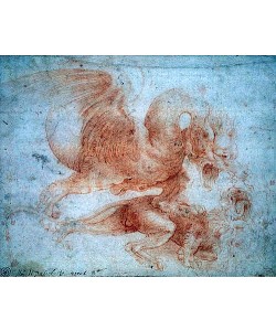 Leonardo da Vinci, Ein Drache attakiert einen Löwen.
