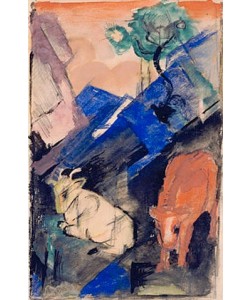 Franz Marc, Zwei Rinder in bergiger Landschaft. 1913