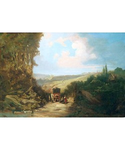 Carl Spitzweg, Landschaft mit Postkutsche.