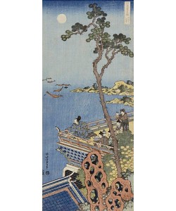 Katsushika Hokusai, Ein Höfling auf einem Balkon eines chinesischen Pavillons, bei Mondlicht in die Ferne blickend.