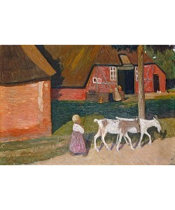 Otto Modersohn, Bauernhaus mit Ziegen und Kindern. Um 1907