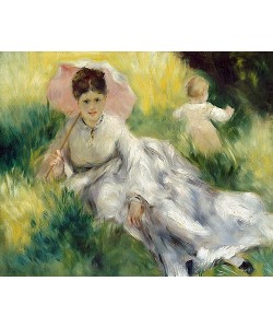 Pierre-Auguste Renoir, Dame mit Sonnenschirm und Kleinkind auf einem sonnenbeschienenen Hügel. Um 1874-76