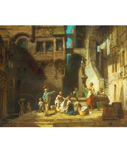 Carl Spitzweg, Wäscherinnen am Brunnen. Um 1860