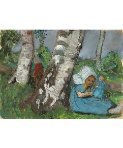 Paula Modersohn-Becker, Kind mit Puppe am Birkenstamm sitzend. Um 1902