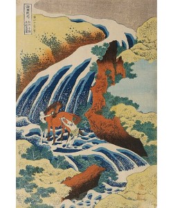Katsushika Hokusai, Zwei Männer waschen ein Pferd an einem Wasserfall.