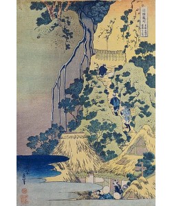 Katsushika Hokusai, Reisende beim Aufstieg eines steilen Berges, um einen Schrein in einer Höhle bei einem Wasserfall aufzusuchen.
